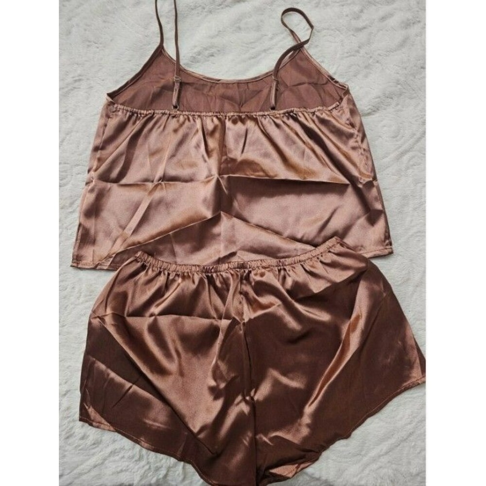 Satin Feel Pjs Pajamas Short and Cami Set Lingerie Camisole Light Brown Medium - Picture 3 of 3